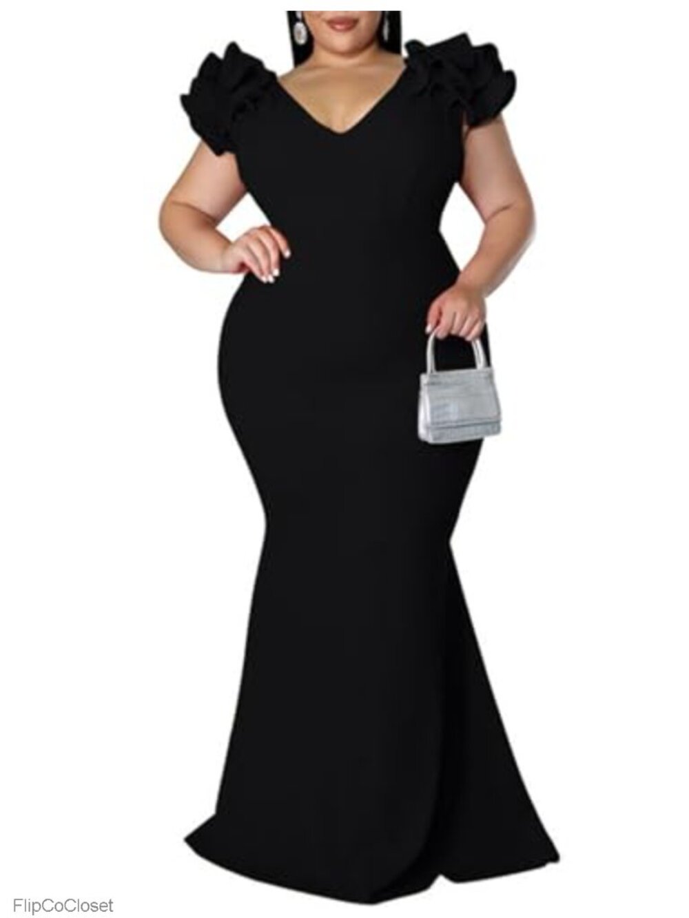 Plus Size Mermaid Maxi Dress V Neck Ruffle Sleeve Bodycon Gown